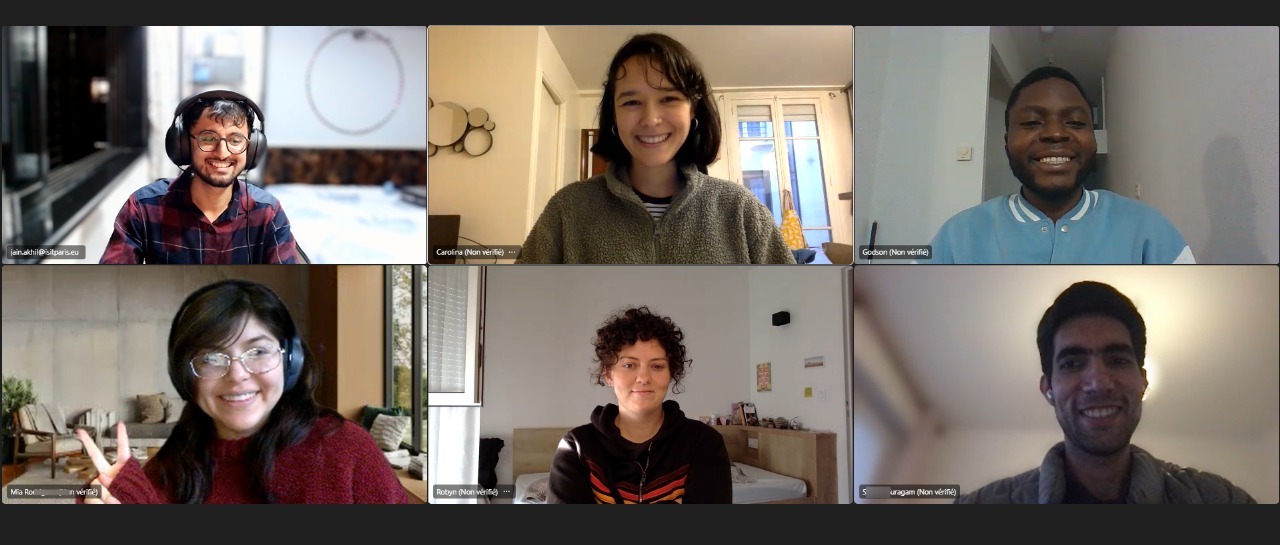 Live French conversation workshop intermediate level with learners from different countries practicing together.