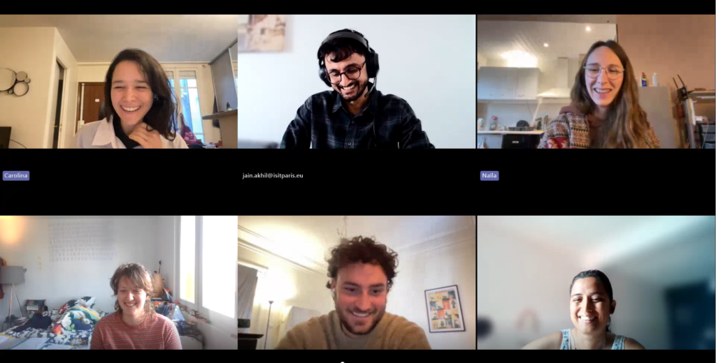 Atelier 9 capture Live French conversation workshop intermediate level with learners from different countries practicing together.