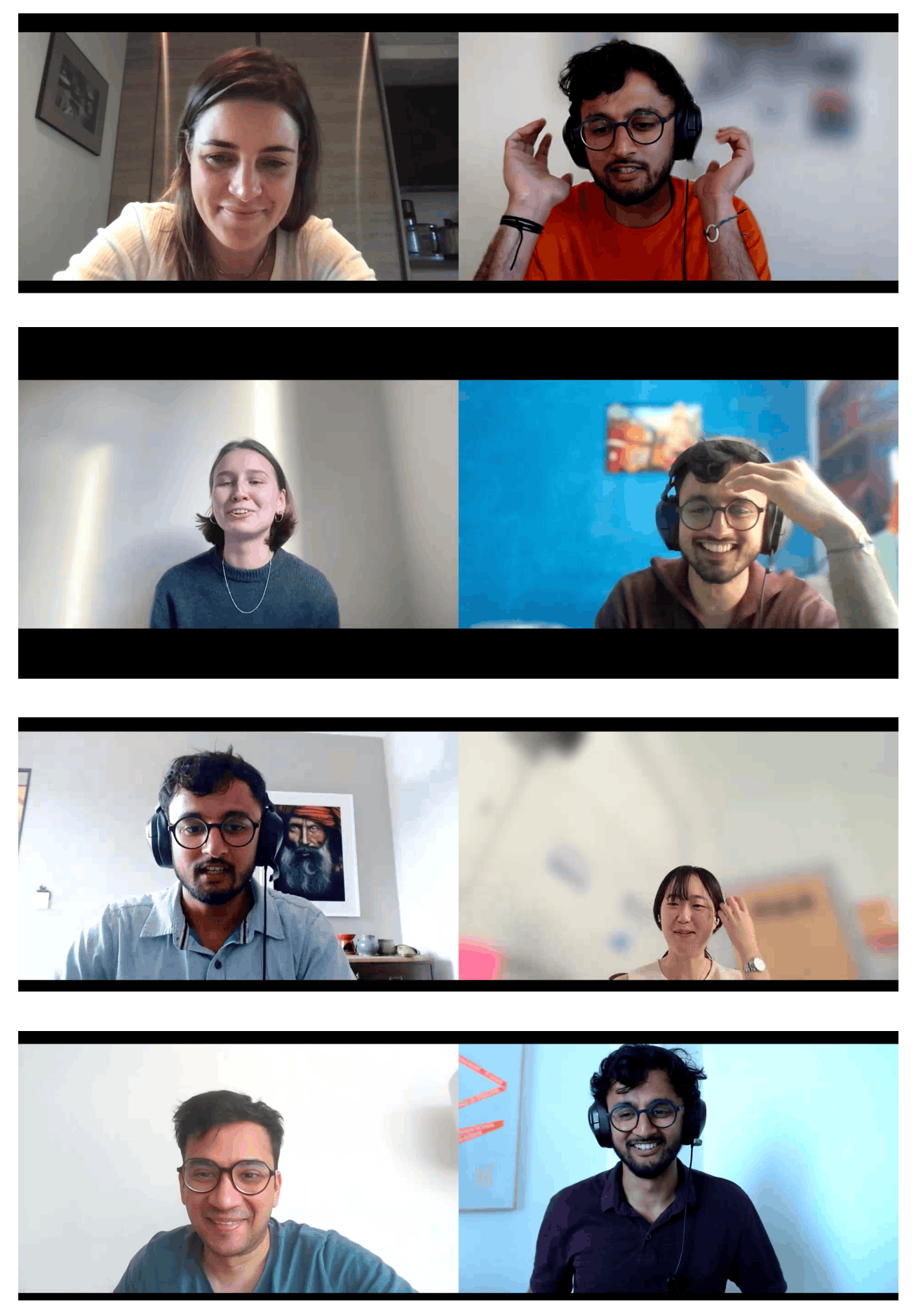 Four different French language lessons in progress — Akhil Jain, FLE-Flex founder coaching Roberta, Emma, Jiin, Vatsal 1-on--1 in Paris.