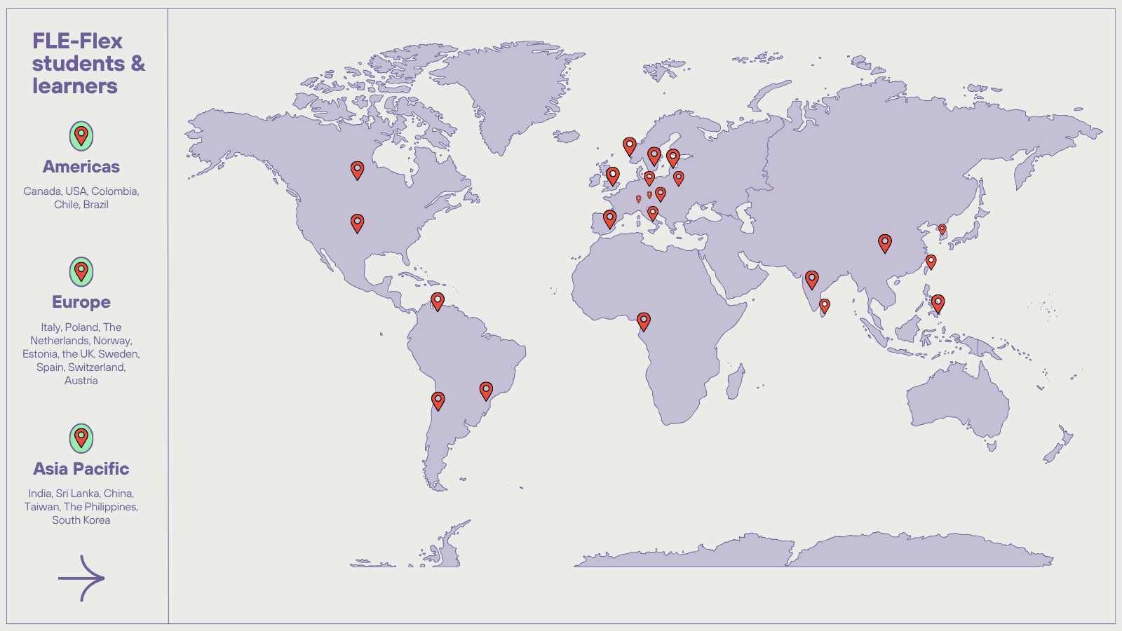 World map showing the global distribution of FLE-Flex students and learners